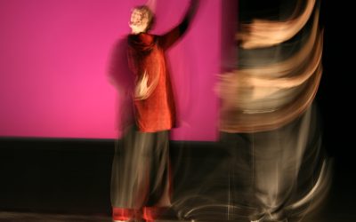 Figura intera dei due interpreti sul palco. Entrambi sono in movimento e la foto è stata scattata con tempi lunghi, quindi si vedono immagini sfocate e le scie dei movimenti effettuati da loro.